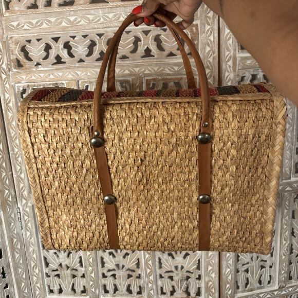 Vtg 60s Acapulco Straw Woven Small Shopper Tote Beach Bag w Multi Color Stripes - Picture 6 of 8